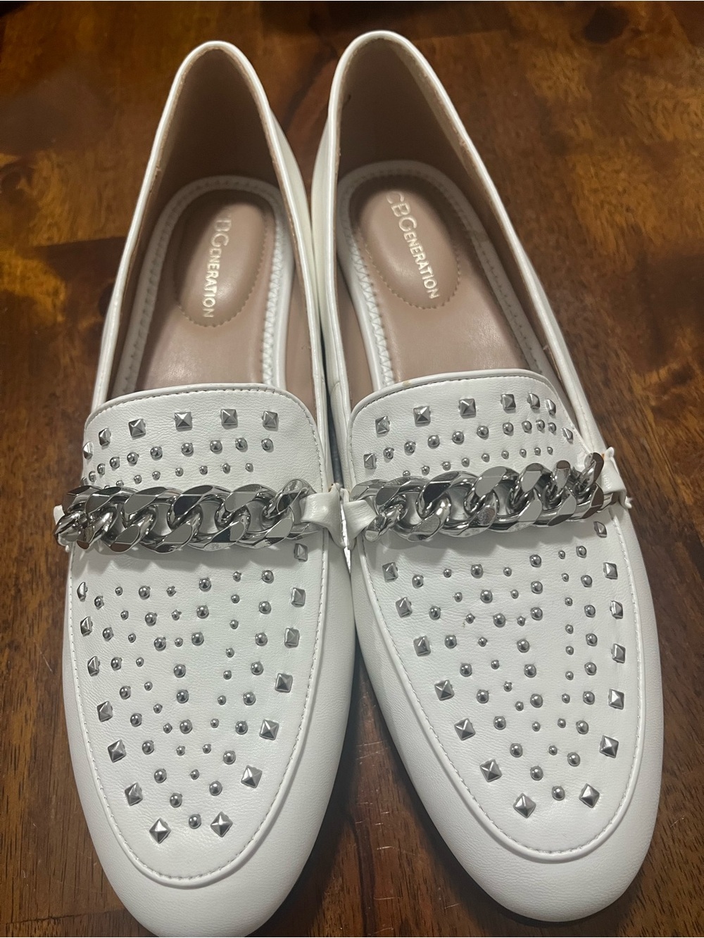 BCBG White Studded Chain-Trim Loafers